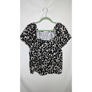 H&M Womens Short Sleeve Button Up Blouse Sz L Cheetah Linen blend Square Neck